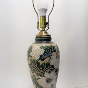 Arts and Crafts style lamp- White Lotus Flower Design. Ceramic, hand-painted.