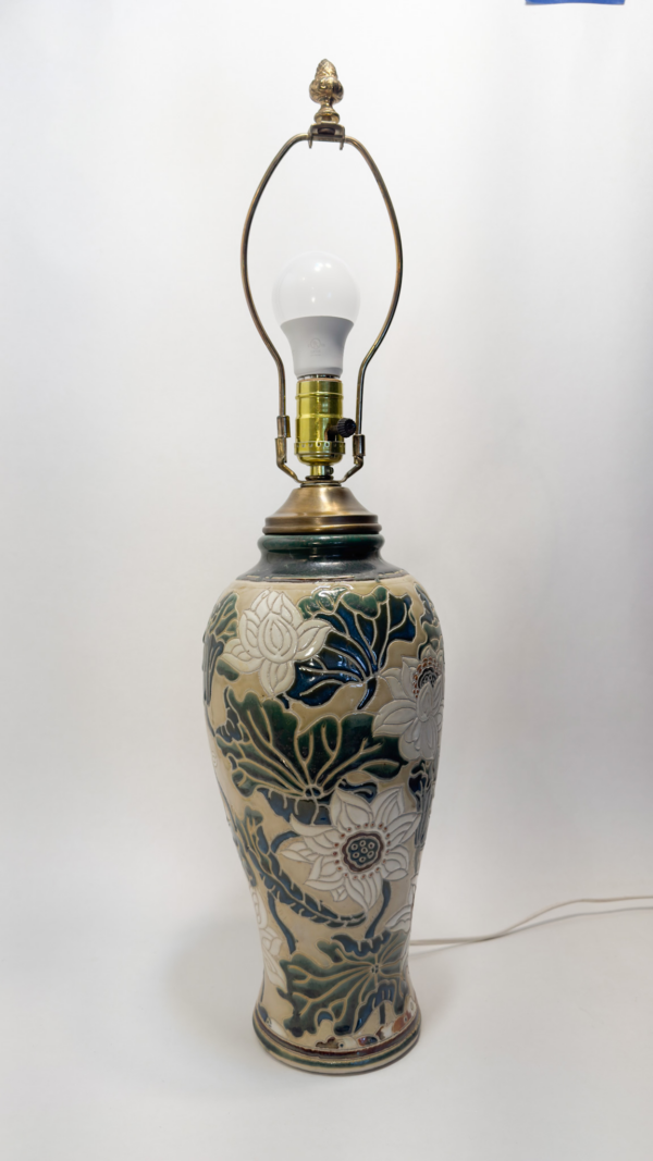 Arts and Crafts style lamp- White Lotus Flower Design. Ceramic, hand-painted.